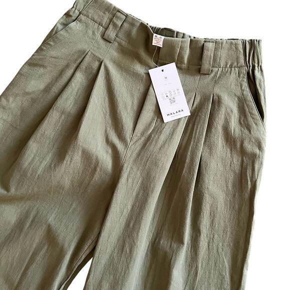 Halara Wide Leg Pants MEDIUM Loden Green Pleated Front 100% Cotton Casual New - Picture 4 of 11